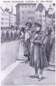 Franz Schubert Bécs utcáin hallgatja zenéjét